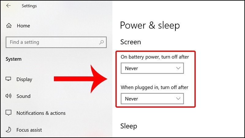 Tùy chọn Never để giữ màn hình laptop luôn bật