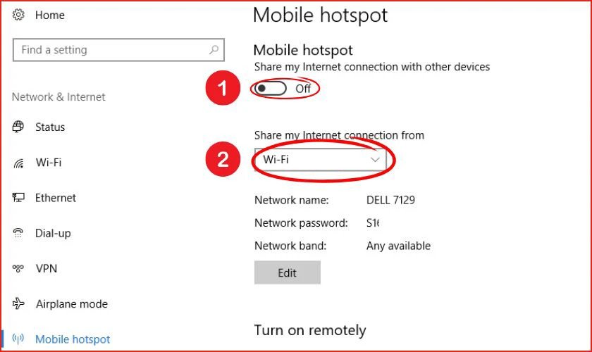 Tùy chọn nguồn kết nối internet để phát Wifi từ laptop Win 10