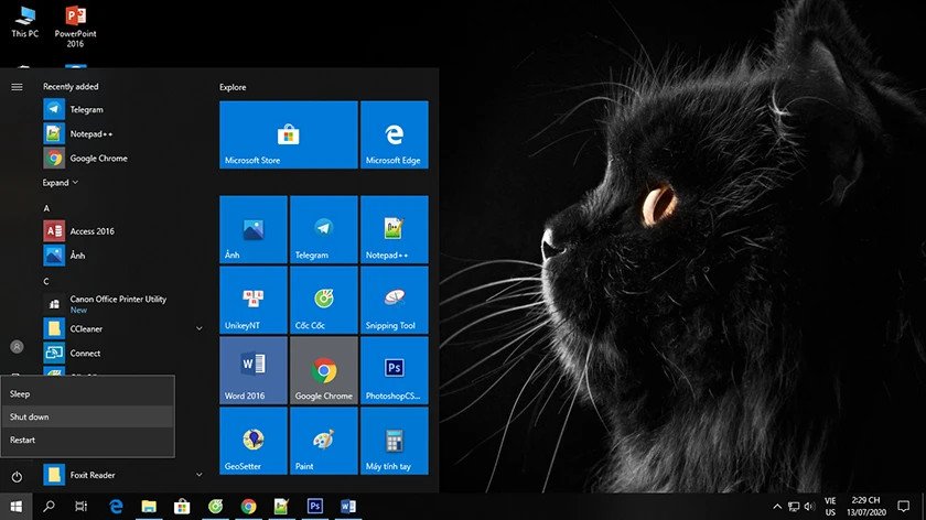 Tùy chọn nguồn trong Start Menu để tắt máy HP