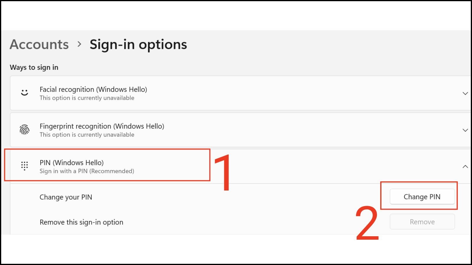 Tùy chọn PIN (Windows Hello) và nút Change PIN trong cài đặt Windows 11, hướng dẫn người dùng cách thay đổi mật khẩu máy tính