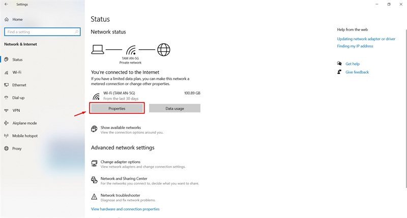 Tùy chọn Properties trong cài đặt mạng để chỉnh sửa các thiết lập kết nối