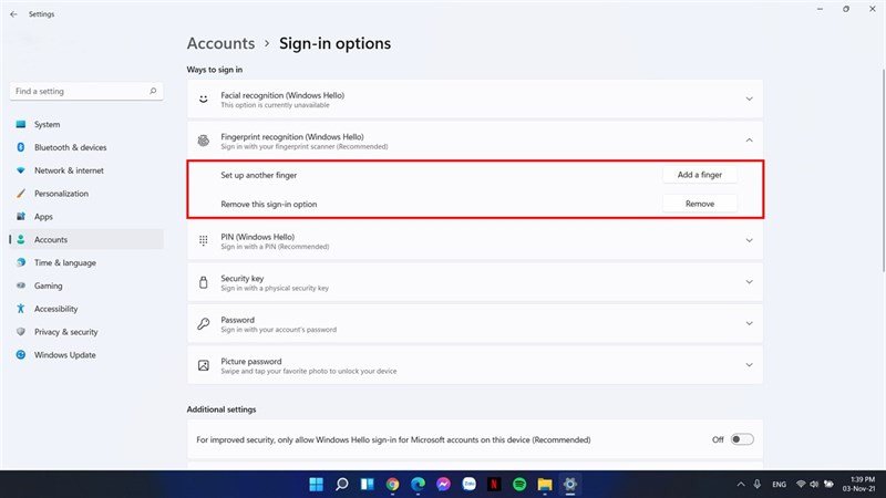 Tùy chọn quản lý thêm hoặc xóa dấu vân tay trên hệ điều hành Windows 11