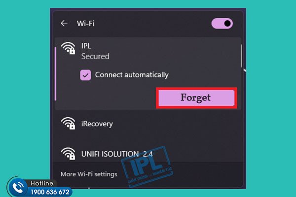 Tùy chọn "Quên" khi nhấp chuột phải vào mạng Wifi