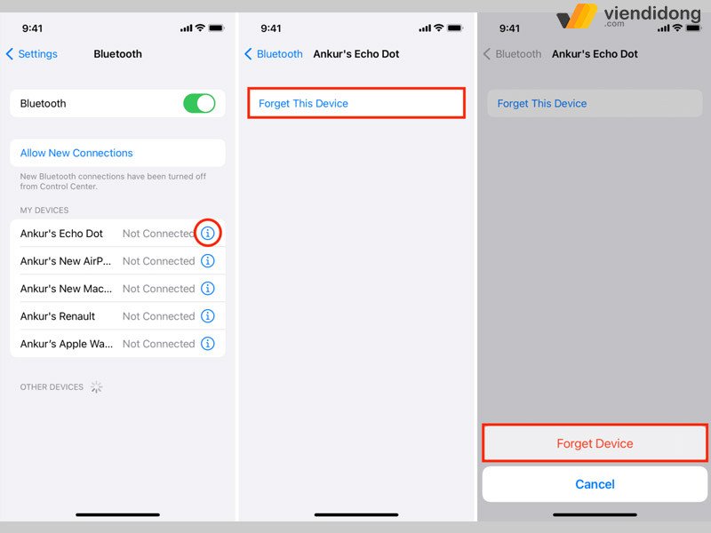 Tùy chọn quên thiết bị Bluetooth trong cài đặt iPhone