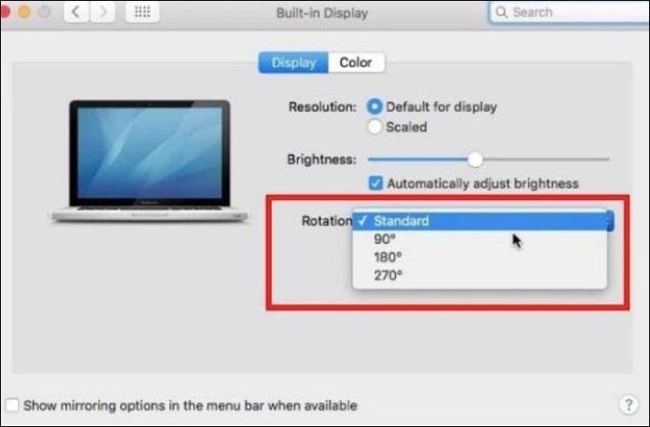 Tùy chọn Rotation trong cài đặt Displays trên macOS, cho phép xoay màn hình 90, 180, 270 độ hoặc Standard