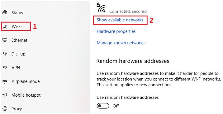 Tùy chọn Show Available networks trong cài đặt Wi-Fi của laptop