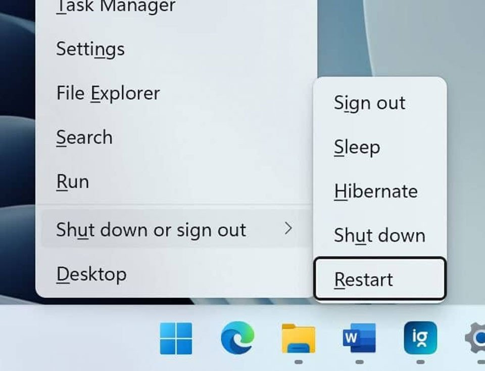 Tùy chọn Shut down được gạch chân trong Power Menu trên Windows 11