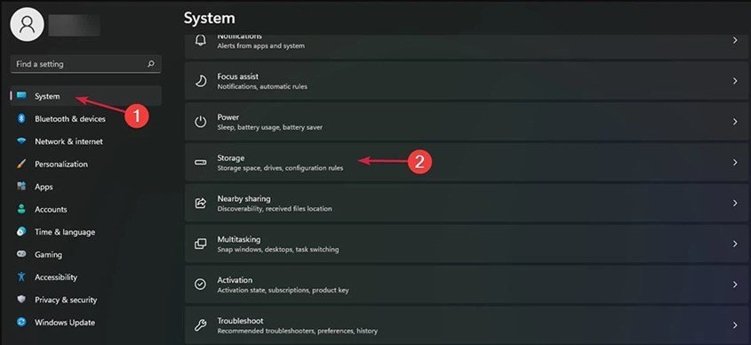 Tùy chọn Storage trong cài đặt hệ thống của Windows 11