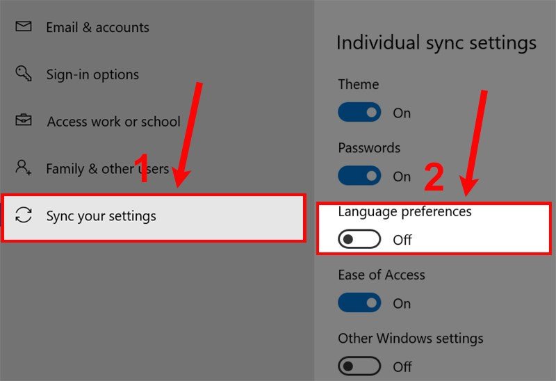 Tùy chọn Sync your settings và tắt Language preferences