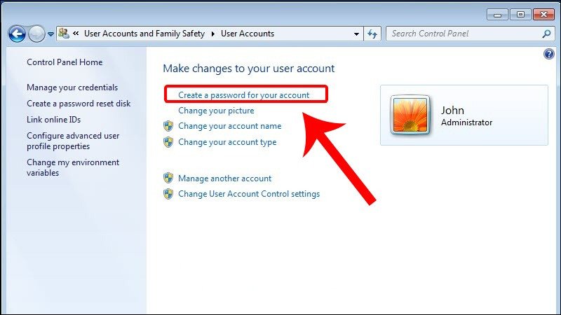 Tùy chọn tạo mật khẩu tài khoản trong Windows 7