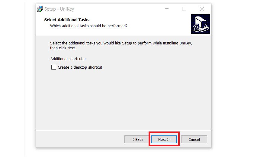 Tùy chọn tạo shortcut Unikey trên màn hình desktop laptop trong quá trình cài đặt.
