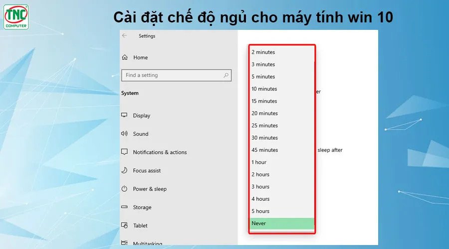 Tùy chọn thiết lập thời gian tự động chuyển sang chế độ ngủ laptop trong Power &amp; sleep