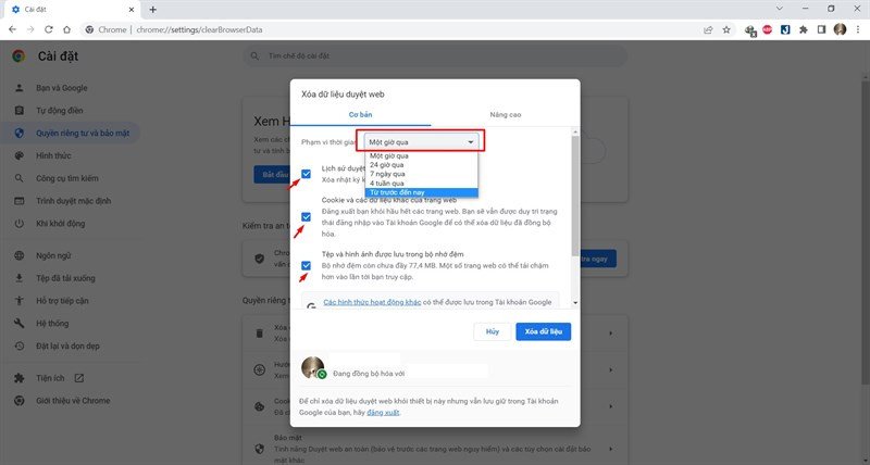 Tùy chọn thời gian và loại dữ liệu cần xóa để cải thiện hiệu suất kết nối wifi