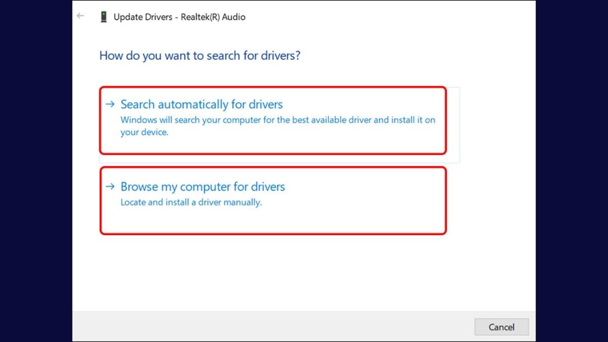 Tùy chọn tìm kiếm driver: "Search automatically" hoặc "Browse my computer" để cập nhật driver Bluetooth