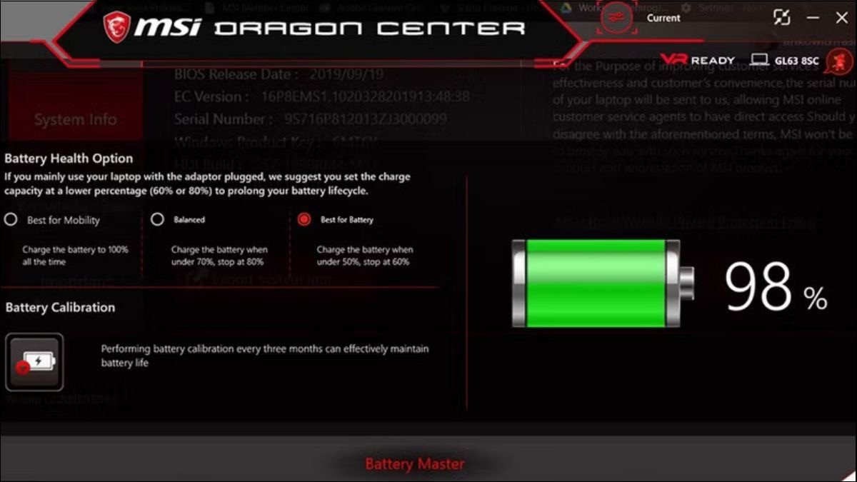 Tùy chọn tình trạng pin trong ứng dụng MSI Dragon Center để bảo vệ pin