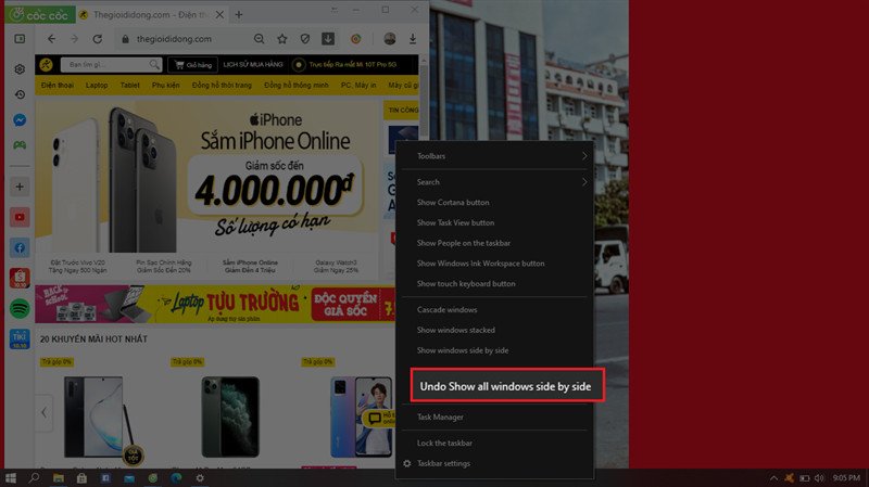 Tùy chọn Undo Show all windows side by side