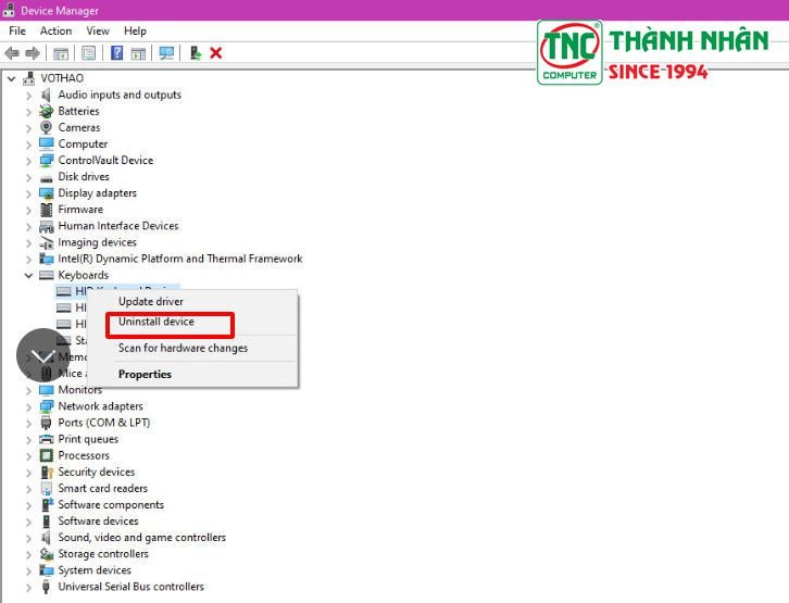 Tùy chọn Uninstall device khi bàn phím laptop Dell bị khóa