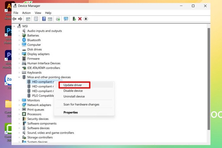 Tùy chọn Update driver cho thiết bị chuột cảm ứng trong Device Manager để khắc phục lỗi