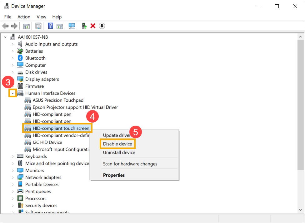 Tùy chọn vô hiệu hóa HID-compliant touch screen trong Device Manager để tắt cảm ứng
