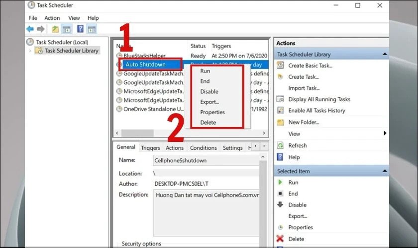 Tùy chọn vô hiệu hóa hoặc xóa tác vụ hẹn giờ tắt laptop Win 10