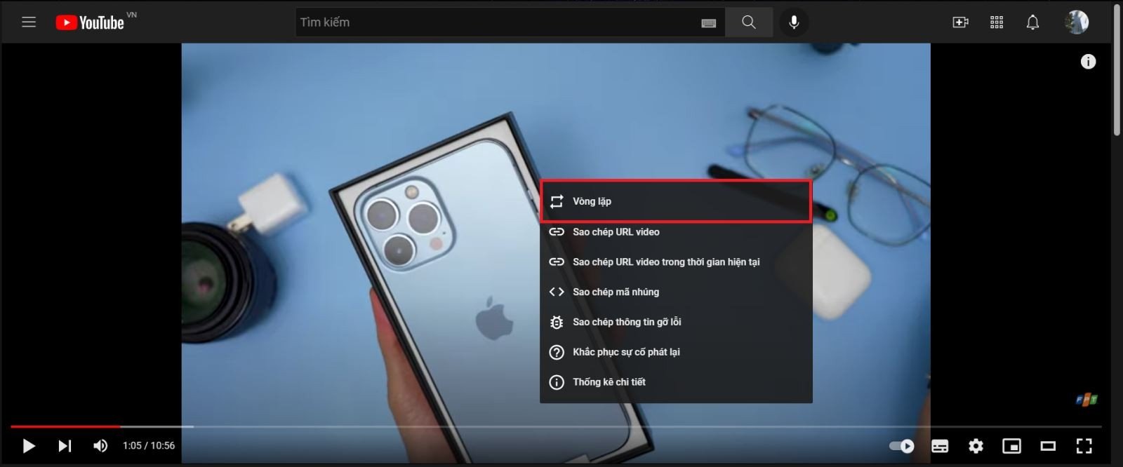 Tùy chọn vòng lặp khi nhấn chuột phải vào video YouTube trên laptop