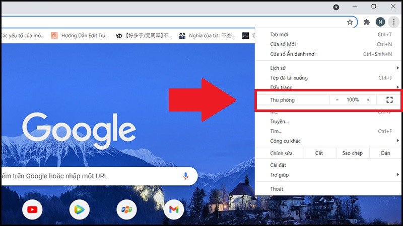 Tùy chọn zoom trang web trong menu cài đặt của trình duyệt.