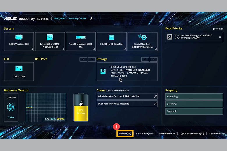 Vào cấu hình BIOS và nhấn F9 để khôi phục cài đặt