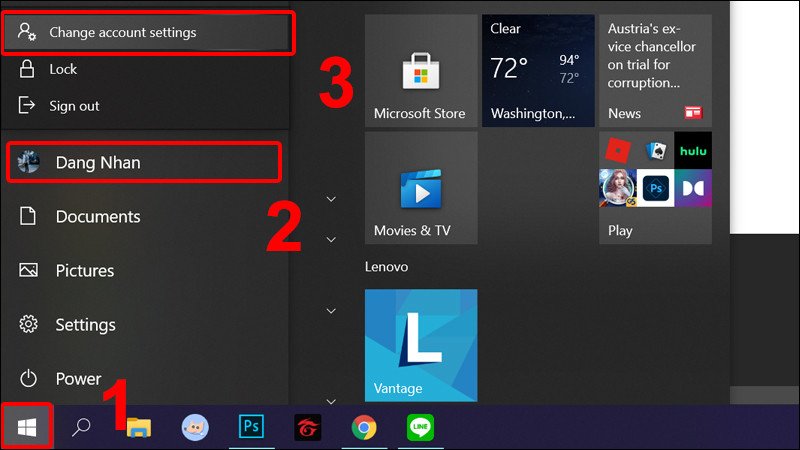 Vào Change account settings từ Menu Start Windows 10