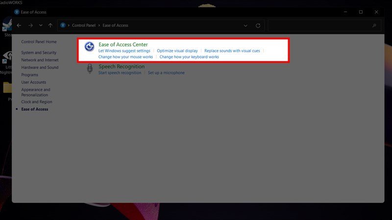 Vào Ease of Access Center để cài đặt Mouse Keys