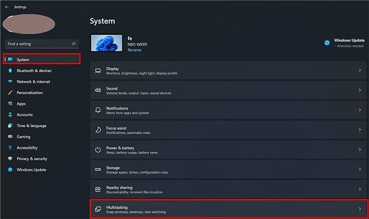 Vào Multitasking trong cài đặt hệ thống Windows 11