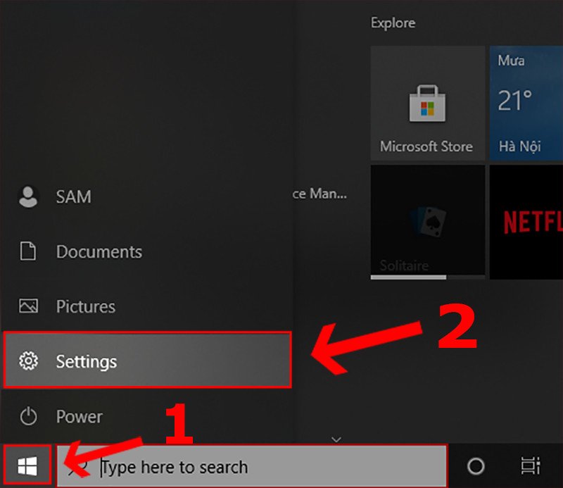 Vào Start sau đó nhấn chọn Settings trên laptop HP