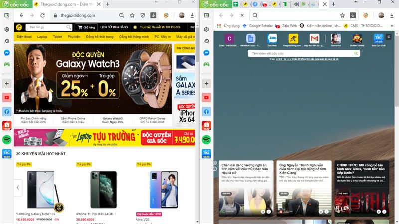 Ví dụ chia đôi màn hình laptop bằng kéo chuột