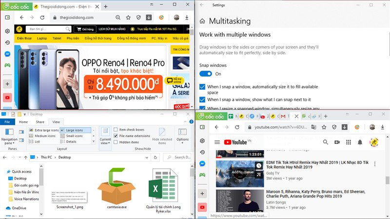 Ví dụ chia màn hình laptop thành 3, 4 cửa sổ