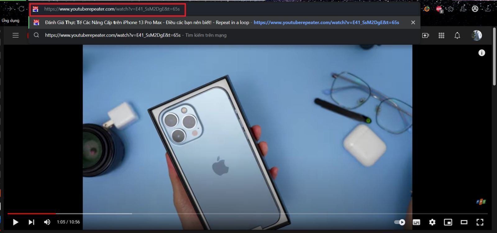 Ví dụ thay đổi đường dẫn URL để lặp lại video YouTube bằng YouTube Repeater