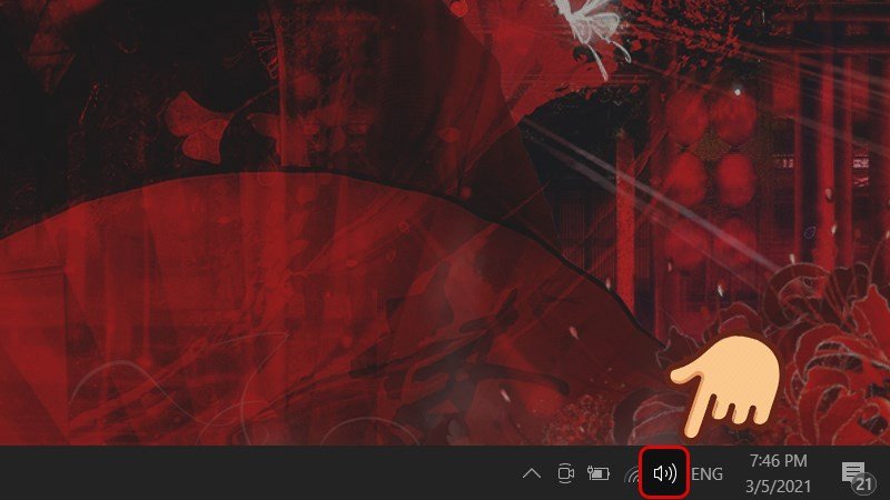Vị trí biểu tượng loa trên thanh tác vụ của Windows để bắt đầu kiểm tra micro