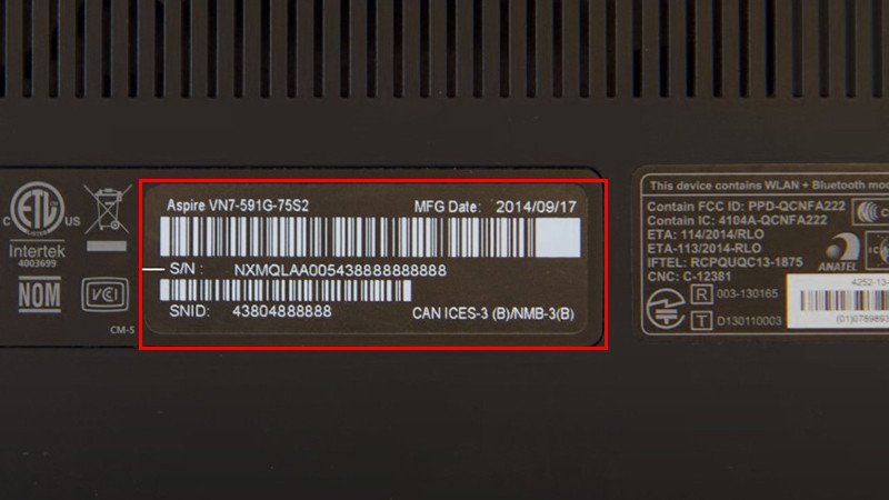 Vị trí Serial Number và SNID trên tem nhãn dán dưới đáy laptop Acer để kiểm tra bảo hành