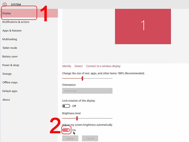 Vô hiệu hóa Adjust my screen brightness automatically trong cài đặt Display