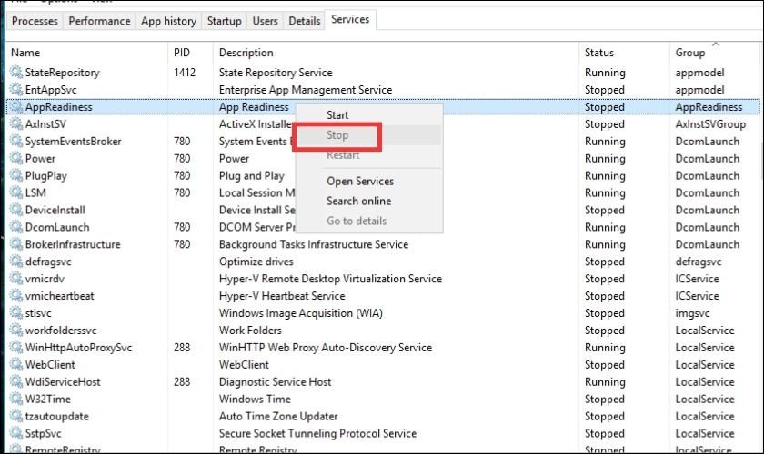 Vô hiệu hóa AppReadiness trong Services để sửa lỗi laptop mở lên màn hình đen