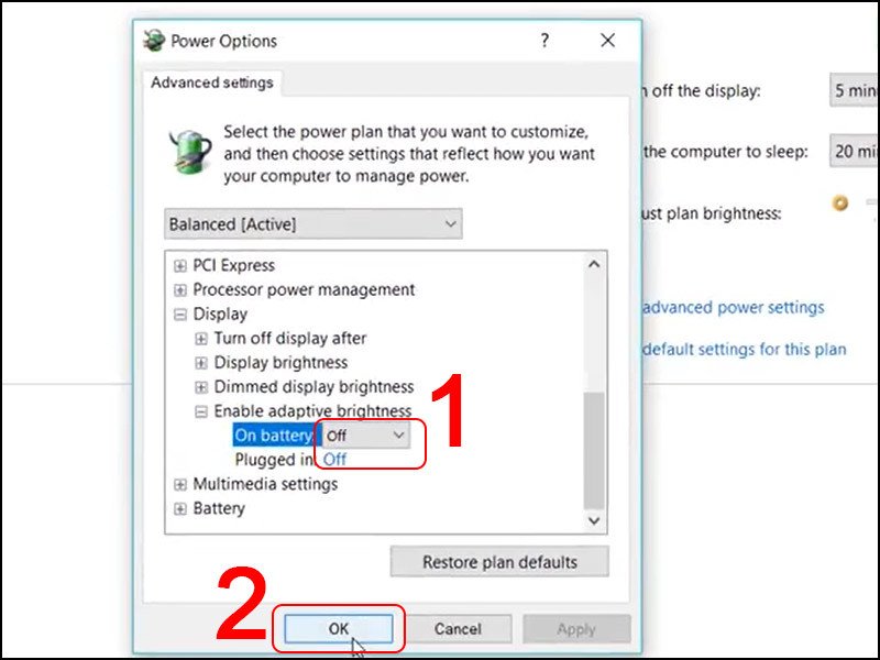 Vô hiệu hóa Enable adaptive brightness cho cả khi dùng pin và sạc