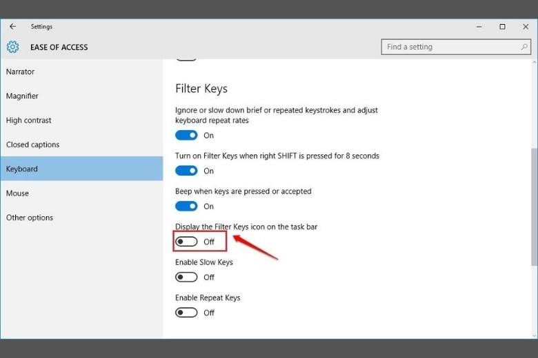 Vô hiệu hóa Filter Keys Icon trên Windows 10