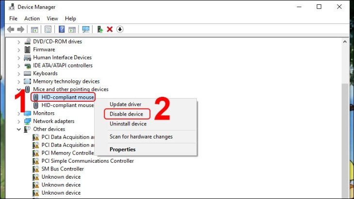 Vô hiệu hóa thiết bị touchpad trong Device Manager