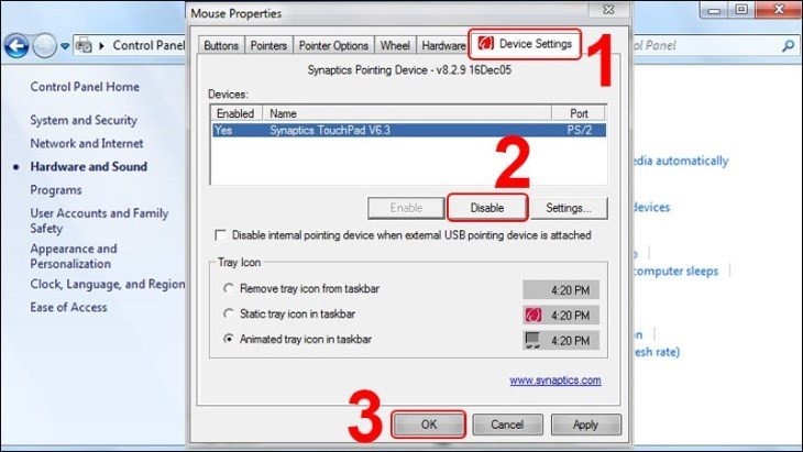 Vô hiệu hóa touchpad qua thẻ Device Settings trong Mouse Properties