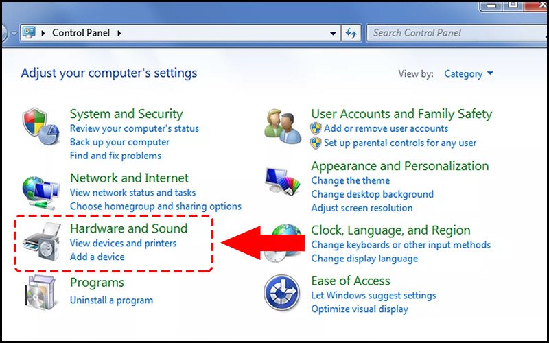 Vùng chọn trên Control Panel khi điều hướng bằng bàn phím