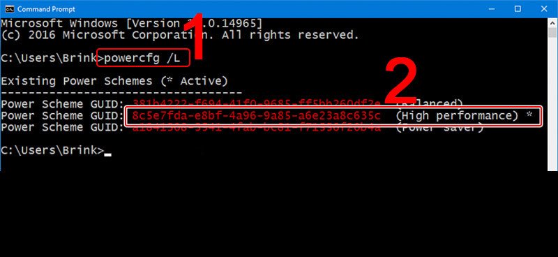 Xác định mã GUID của Power plan High performance trong Command Prompt