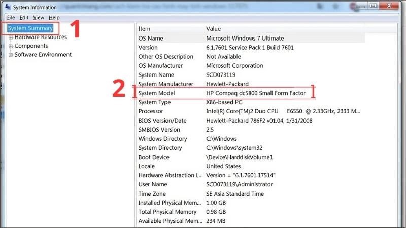 Xác định model laptop Dell tại mục System Model trong System Information