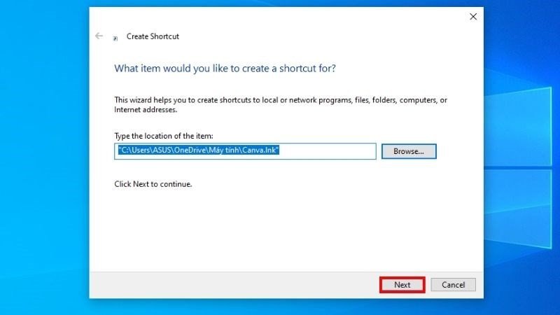 Xác nhận bước tiếp theo khi tạo shortcut ứng dụng