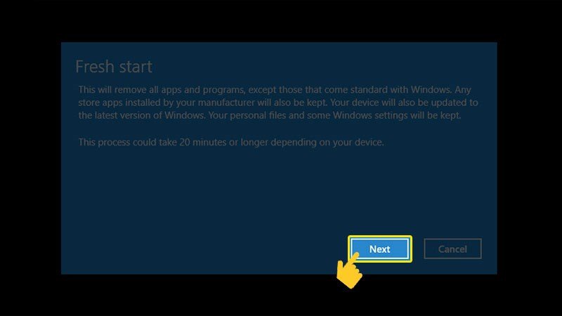 Xác nhận các bước tiếp theo để hoàn tất Fresh Start cho Windows 10
