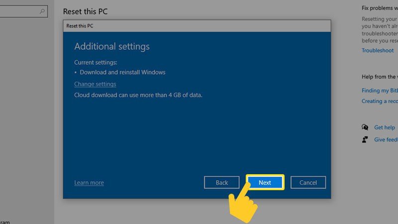 Xác nhận các tùy chọn reset Windows 10 trước khi tiếp tục