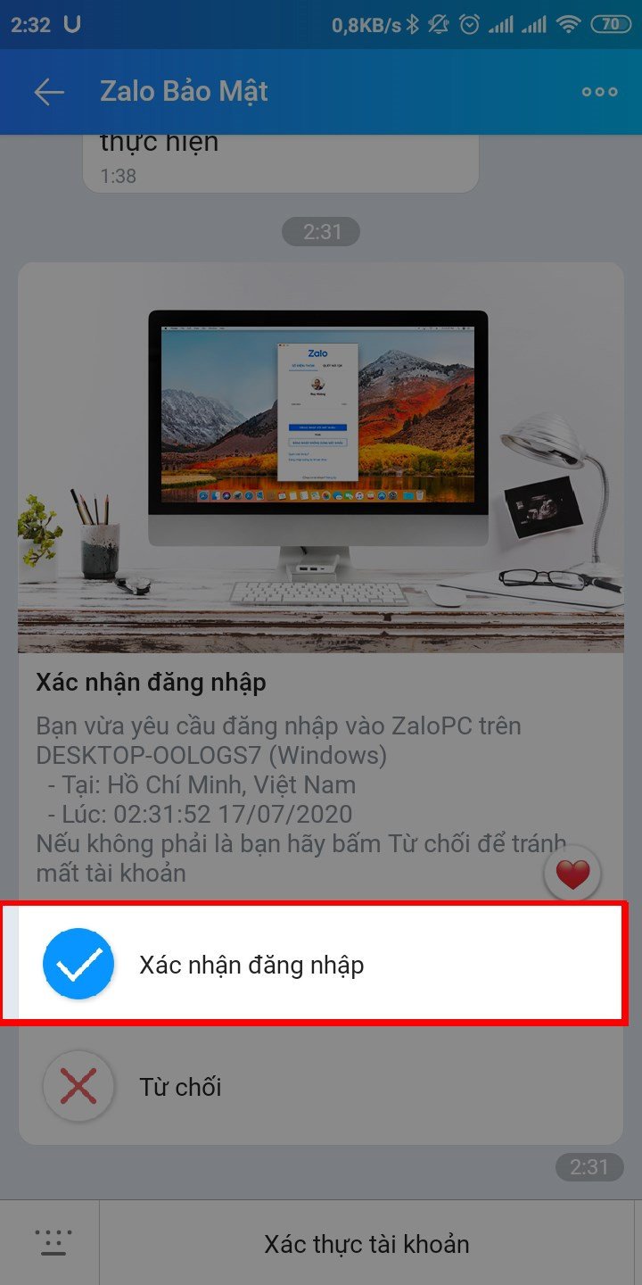 Xác nhận đăng nhập Zalo qua điện thoại để truy cập Zalo PC