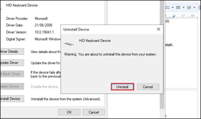 Xác nhận gỡ bỏ driver để sửa lỗi bàn phím laptop